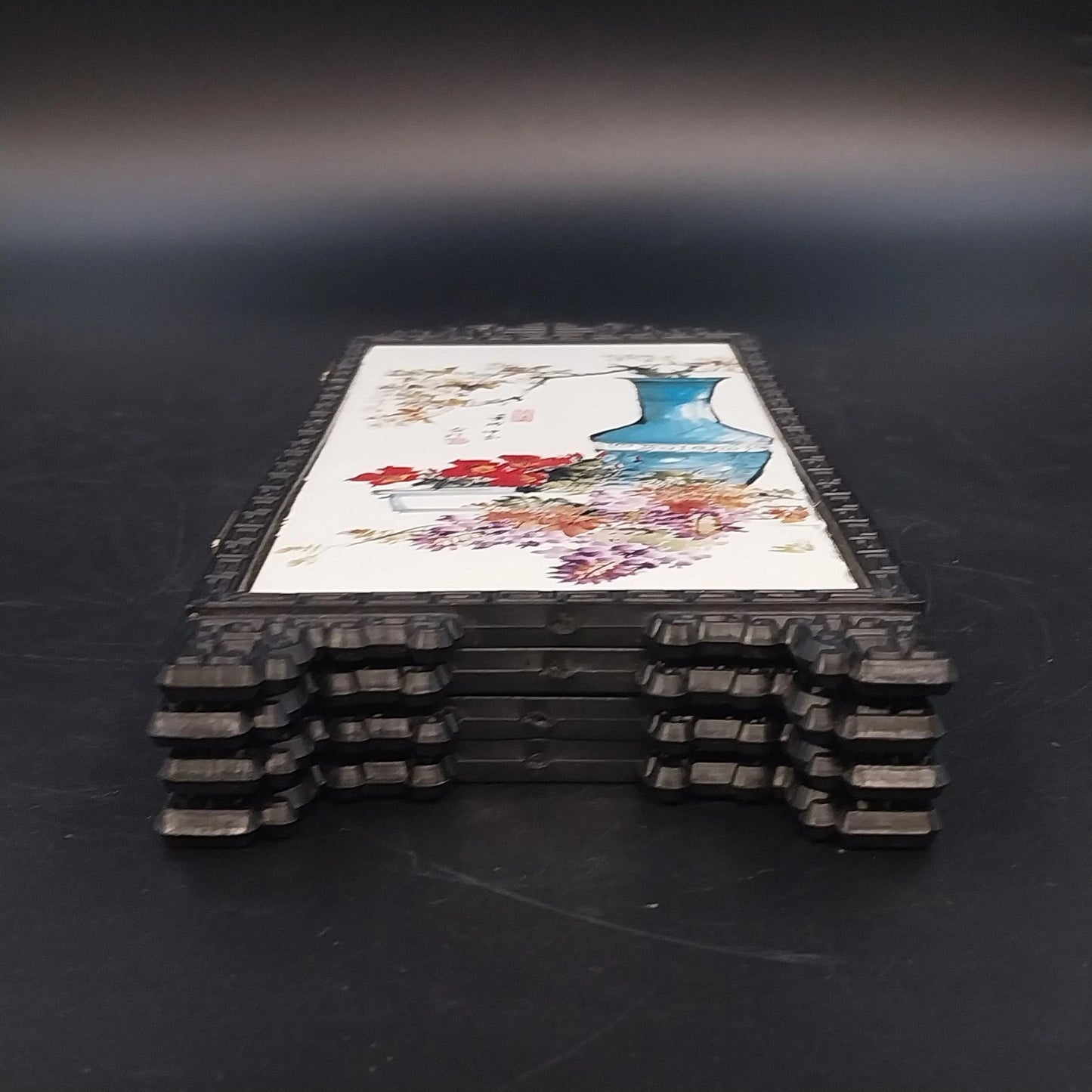 Chinese Mini Folding Tabletop Screen 4 Panel Double Sided Geisha Asian Decor Vtg