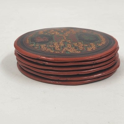 Vintage Lacquerware Coaster Set – 6 Matching Ceramic Foo Dog Coasters in Black, Red & Gold with Storage Box – Asian Guardian Lion Motif