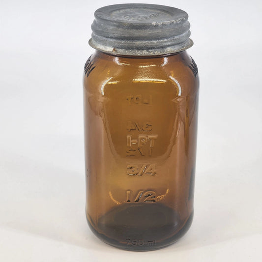 Mason Jar Amber Brown Glass 750 ml Raised Lettering w Ball Zinc Reusable Lid 7"h