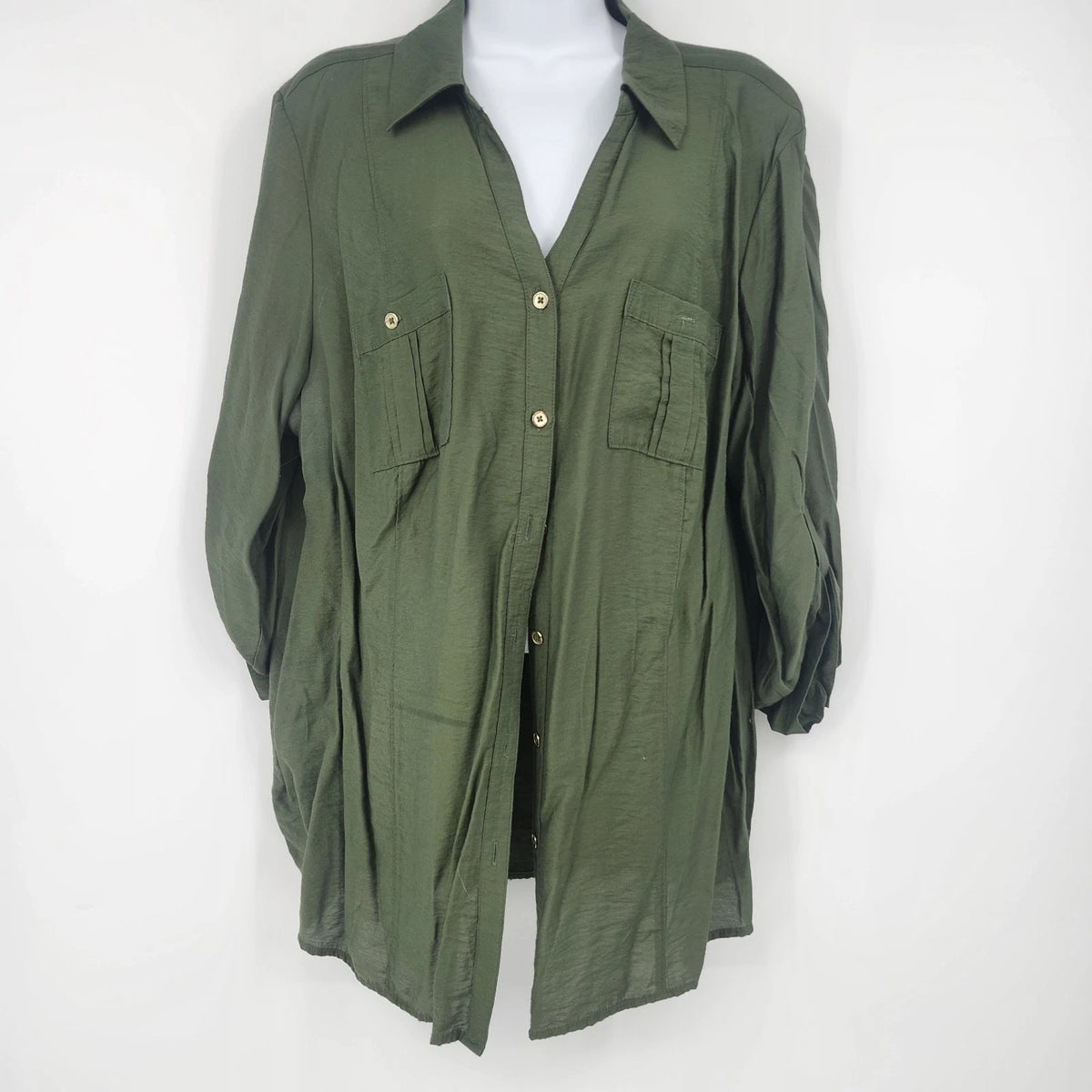 DressBarn db Women's Blouse 2X Plus Olive Green Button Up Roll Tab Long Sleeve