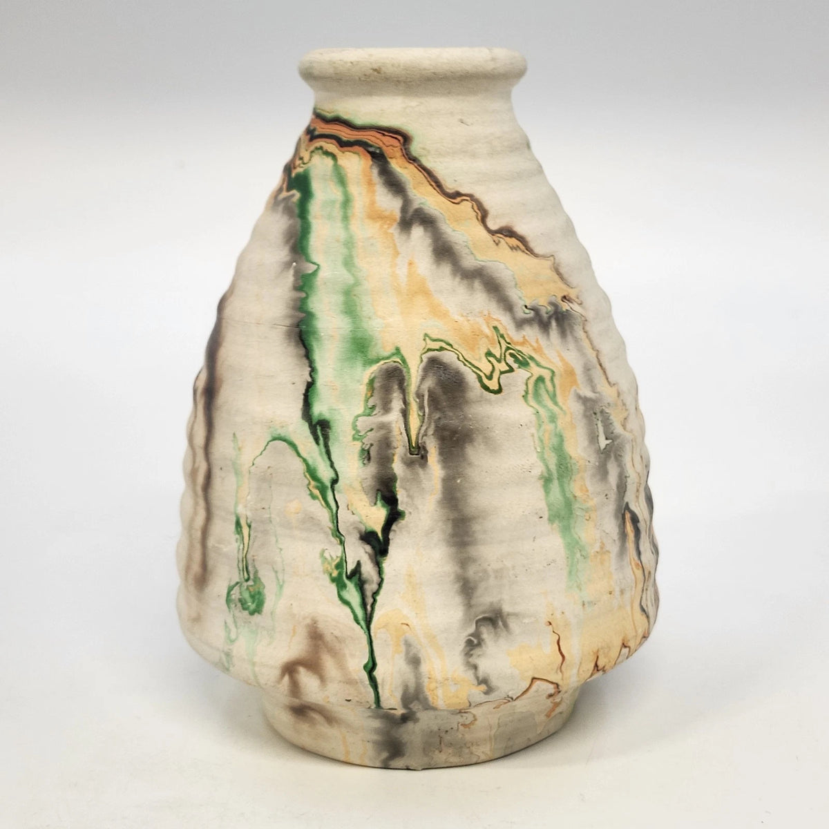 Nemadji Indian Pottery Native Clay Ribbed Vase 5.5" Green Orange Swirl USA