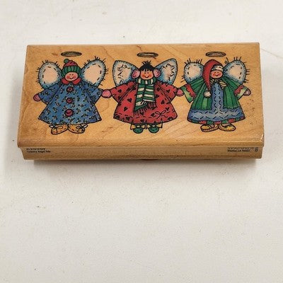 4 Wood Rubber Stamps Sleeping Kitty Country Angel Trio Flower Girl Bluebonnet