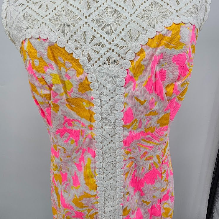 Lilly Pulitzer Sz 8 Pink White Lace Lined Back Zip Sleeveless Retro Dress