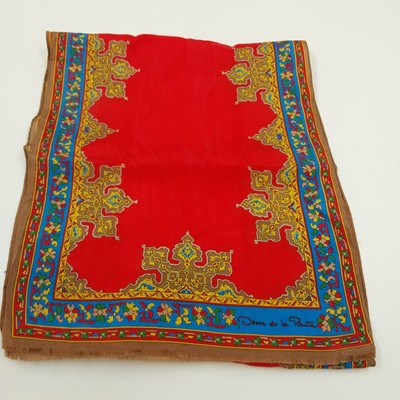 Oscar de la Renta Vintage Silk Red Scarf 10"x50" Blue Geometric Arabesque Signed
