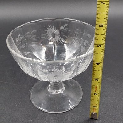 Candy Dish Etched Cut Compote Sunburst Floral Clear Glass Footed 5.25"x4.5"