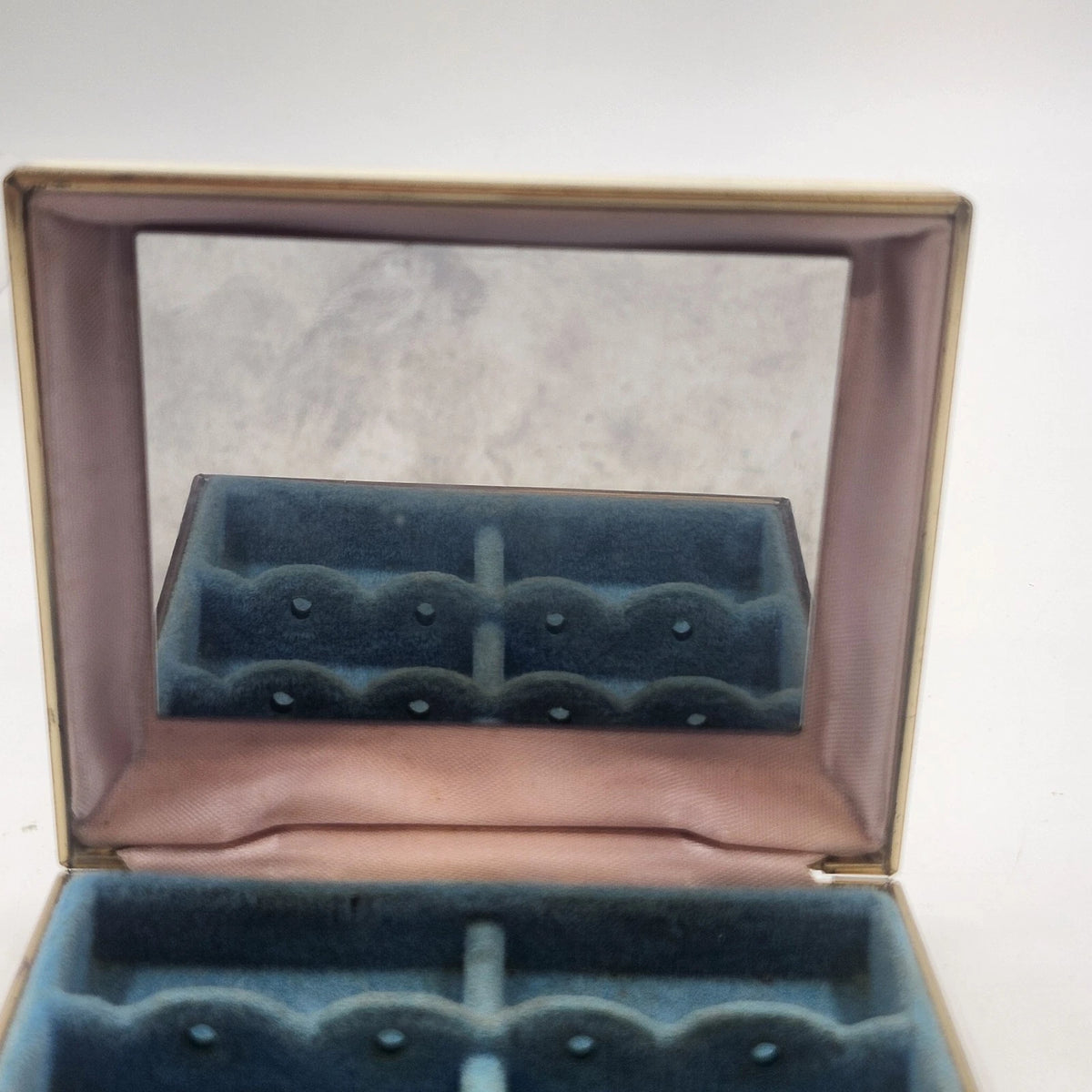 Jewelry Box Earring Organizer Cream Fabric Blue Velvet Lined Mirror 3.75"