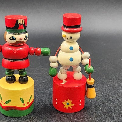 Set of 2 Vintage Wood Push Puppet Toys – Soldier & Snowman Ornaments 4"