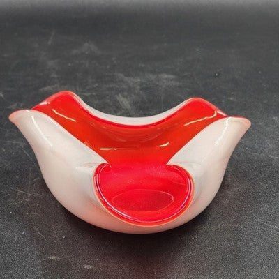Wales Red & White Cased Glass Japanese 6" Biomorphic Bowl Vintage Mid-Century