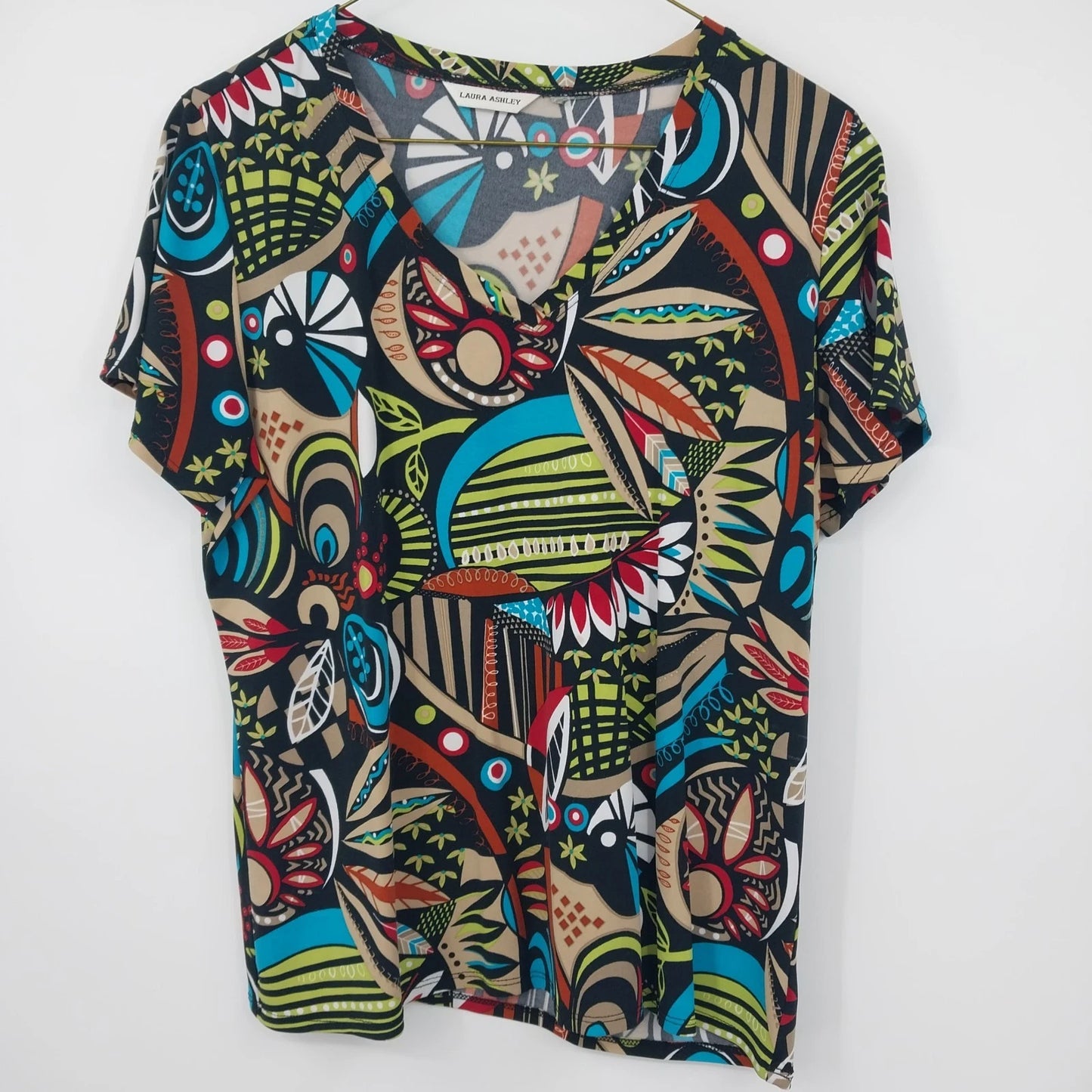 Laura Ashley Women's Blouse Multicolor Abstract Floral Print V Neck Top M