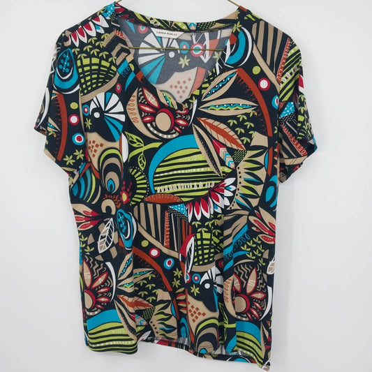 Laura Ashley Women's Blouse Multicolor Abstract Floral Print V Neck Top M