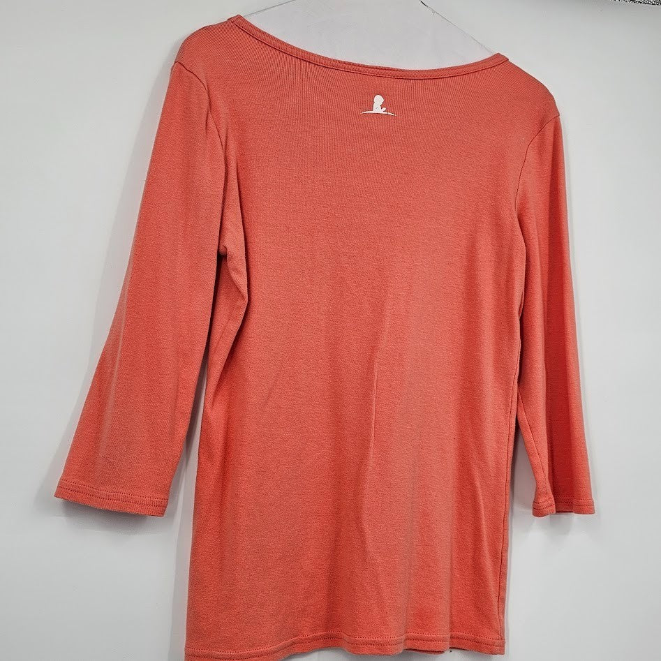 DKNY Jeans Women’s Medium Dream Tee Peach Orange Floral Graphic V-Neck 3/4 Sleeve Top