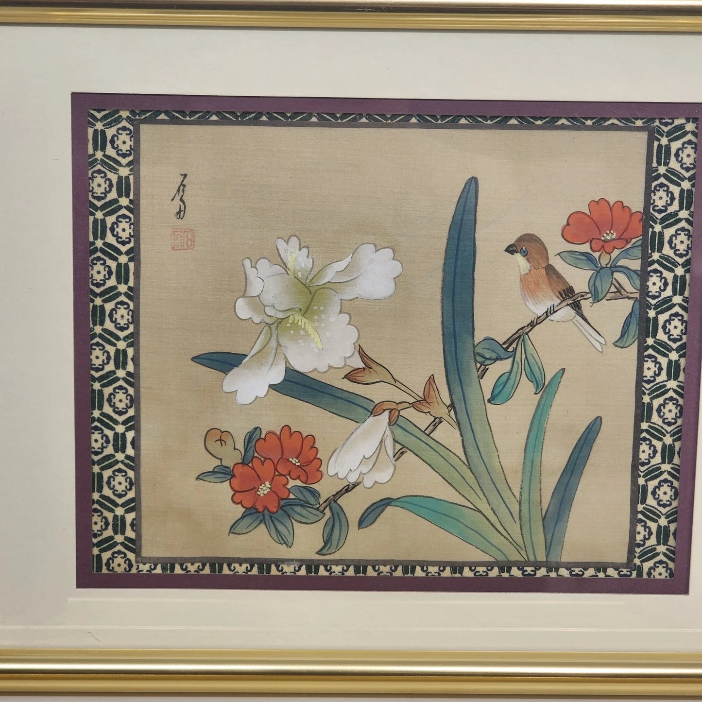 Pair Chinese Silk Paintings Birds Flowers Gold Frame 14x11 Vintage Wall Art