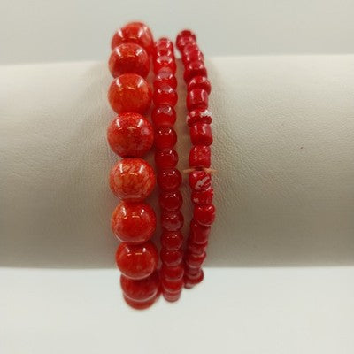 Set of 3 Orange Red Tone Small and Large Round Beads Stretchable Bracelets 6"