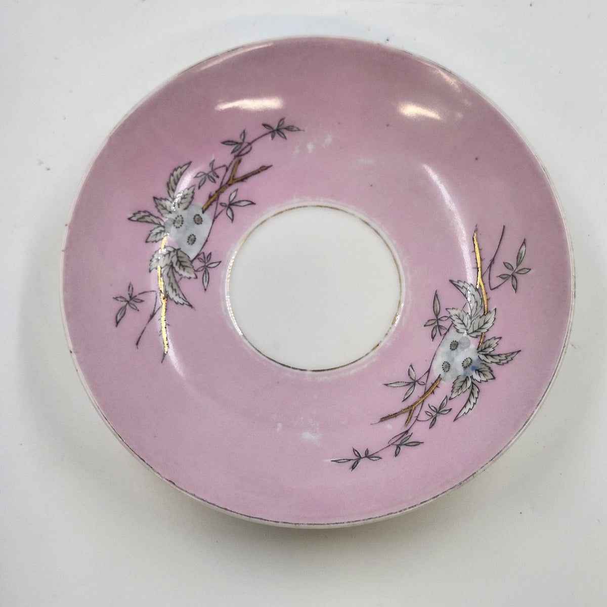 Pink Porcelain Teacup Saucer Blue Flowers Gold Trim 6" No. 7892 Vintage