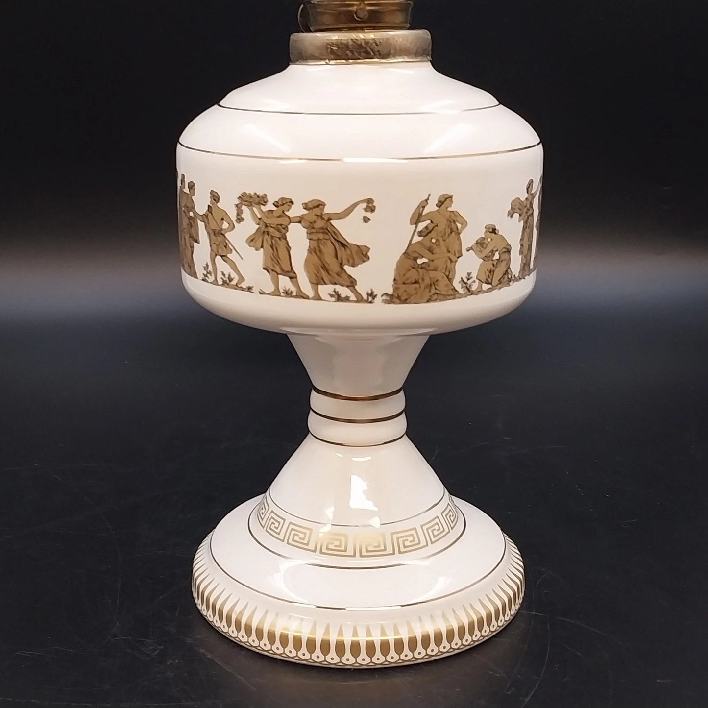 KE Strigos Greek Ceramic Oil Lamp 24K Gold Classical Figures Glass Chimney 18"