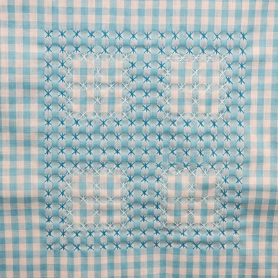 Blue & White Tablecloth Gingham Checked with Cross Stitch Embroidery Square 44"