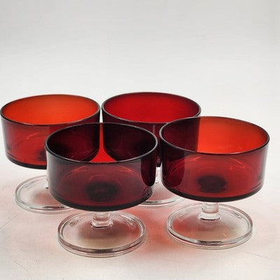 4 Ruby Red & Clear Sundae Glasses Luminarc France Champagne Cocktail Dessert Vtg
