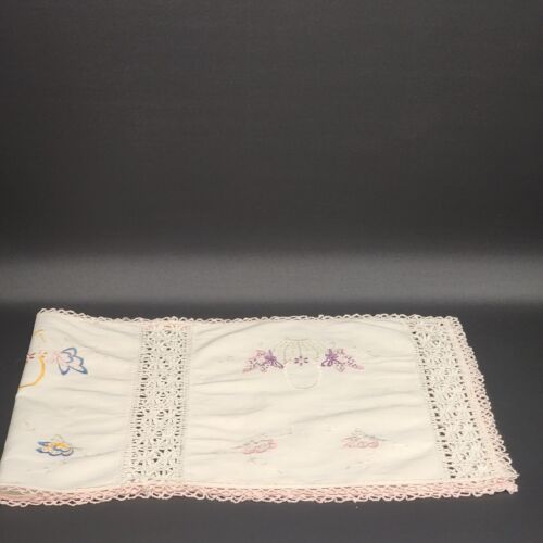 White Table Runner Embroidered Butterflies and Crochet Lace Edging Vintage 40"