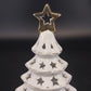 White Ceramic Christmas Tree Tea Light Holder Gold Star Cutouts 6.5" Holiday