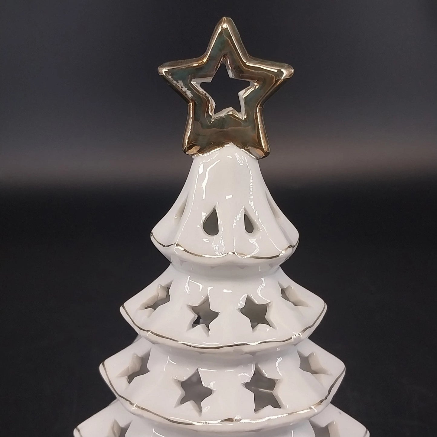 White Ceramic Christmas Tree Tea Light Holder Gold Star Cutouts 6.5" Holiday