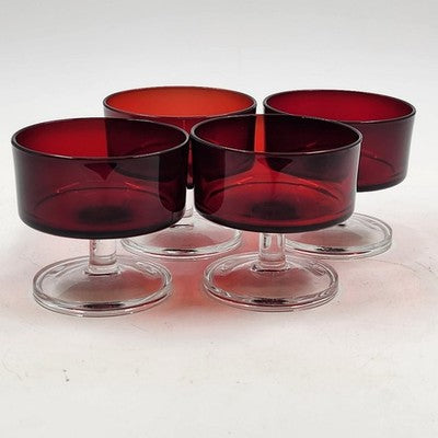 4 Ruby Red & Clear Sundae Glasses Luminarc France Champagne Cocktail Dessert Vtg