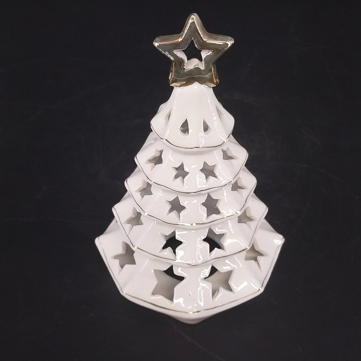 White Ceramic Christmas Tree Tea Light Holder Gold Star Cutouts 6.5" Holiday
