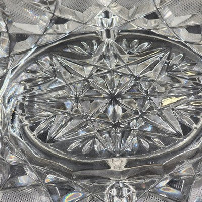 Brilliant Cut Glass Oval Divided Veggie Tray Stars Lines Scallop Edge Center Lid
