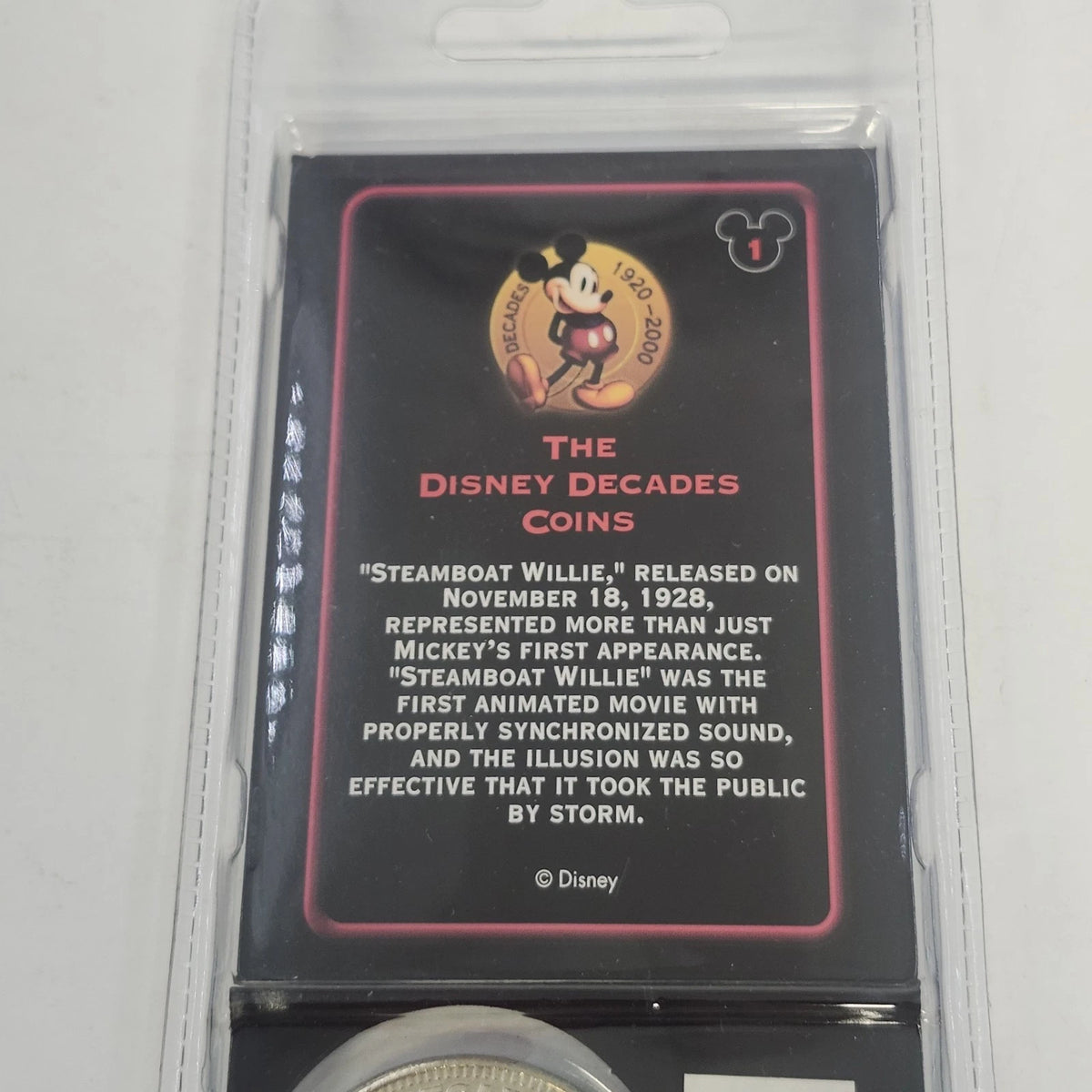 Disney Store Decades Coin #1 Steamboat Willie Mickey Mouse 1928 Sealed China Vtg