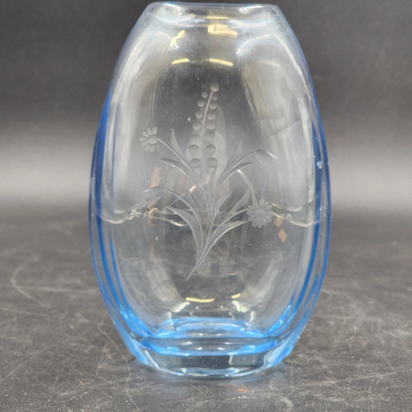 Hand Blown Blue Tint Glass Vase Etched Floral Scandinavian Swedish Oval 6.75″