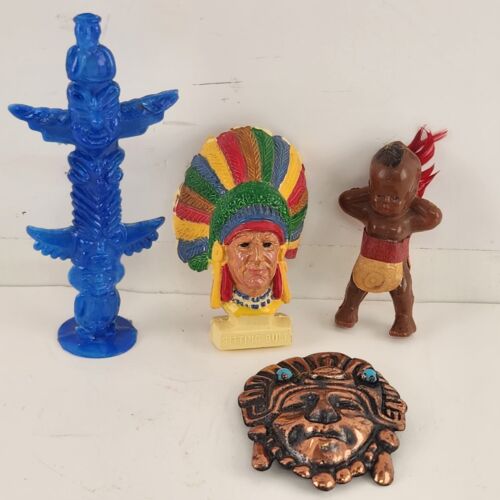 Lot 4 Native American Figure Doll Totem Baby Souvenir Sitting Bull Vintage 1960s