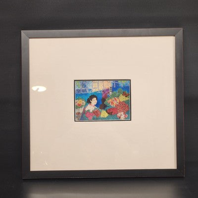 Asian Lady in Flower Shop Art Print 7x5" White Matted Black Wood 20.5"x19" Frame