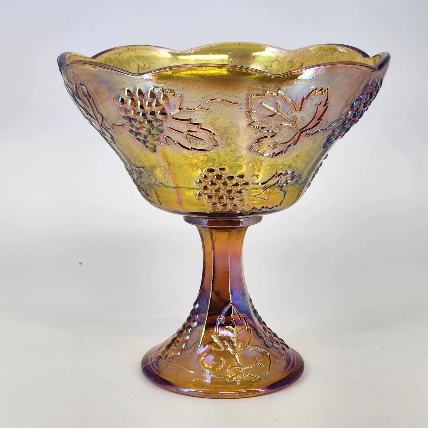 Indiana Glass Harvest Grape Compote Marigold Carnival Pedestal Bowl 8.5" Vintage