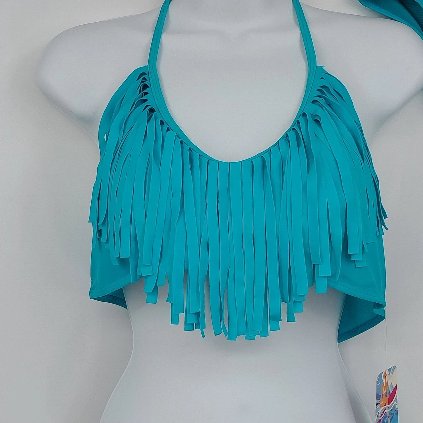 Capri Women's Fringe Halter Bikini 2 Piece Teal Blue Swimsuit Size L NWT