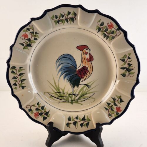 Ceramic Pottery Decorative Rooster Round Plate Country Farmhouse w/ Blue Trim