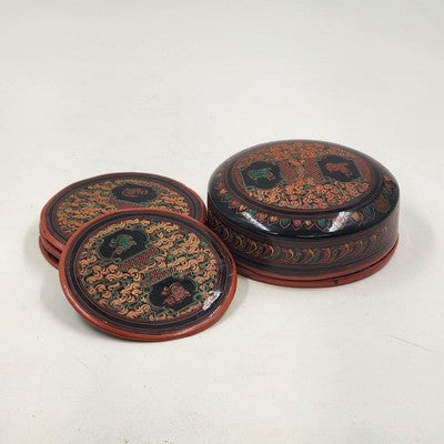 Vintage Lacquerware Coaster Set – 6 Matching Ceramic Foo Dog Coasters in Black, Red & Gold with Storage Box – Asian Guardian Lion Motif