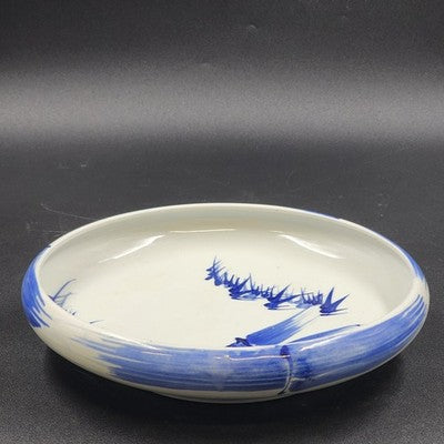 Japanese Porcelain Bowl Blue White Bamboo Dragonfly Design Curled Lip 9.5