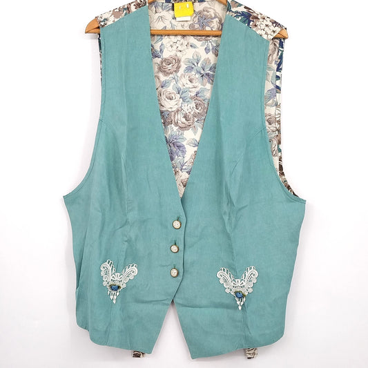 Tina Barrie Women's Vest 24W Plus Size Mint Green White Lace Floral Back Vtg