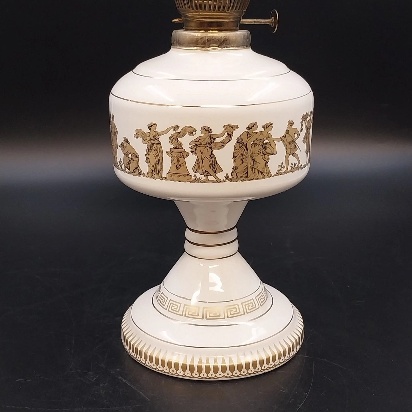 KE Strigos Greek Ceramic Oil Lamp 24K Gold Classical Figures Glass Chimney 18"