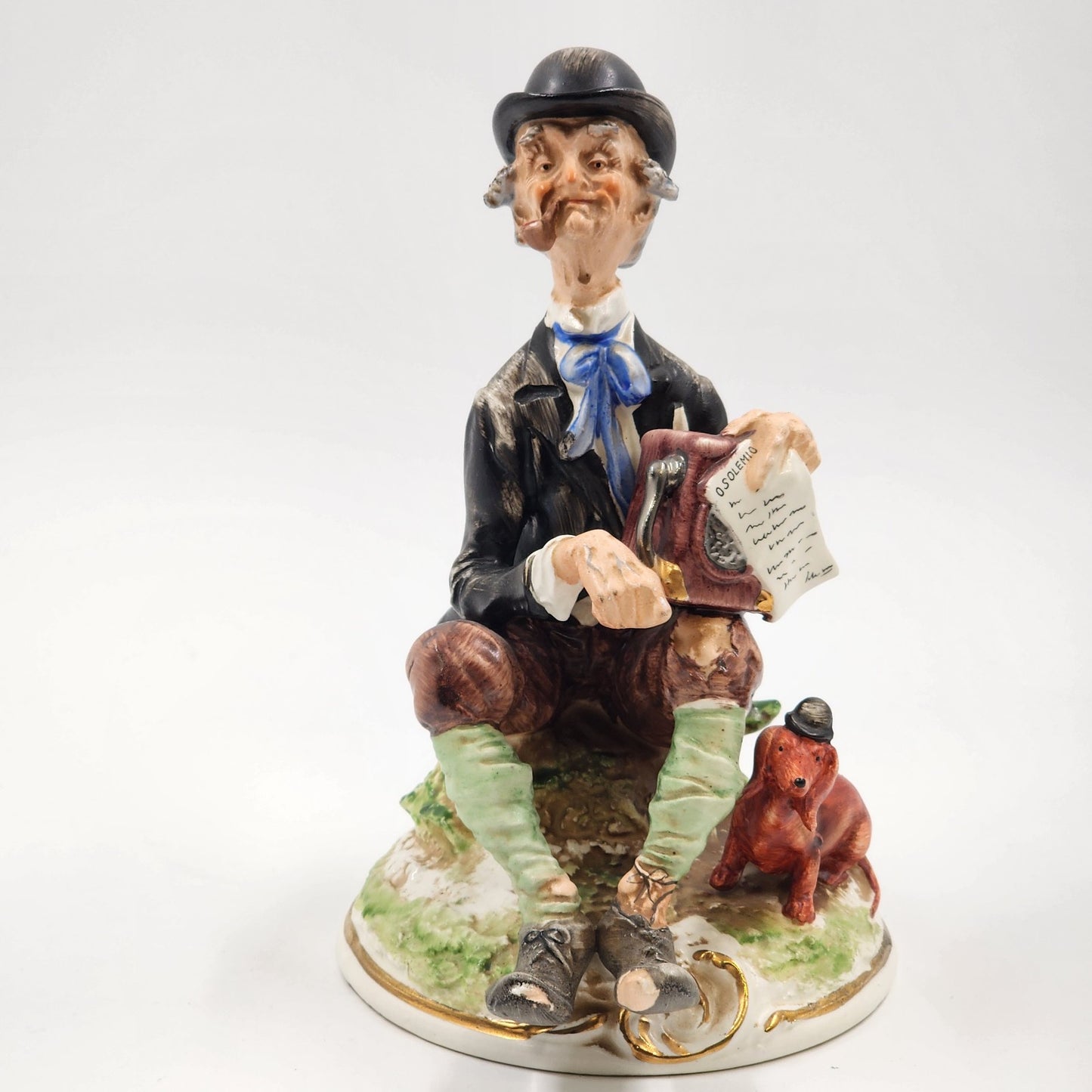 Vintage Giuseppe Cappe Capodimonte Porcelain Figurine – Organ Grinder with Dachshund – Hand-Painted & Signed 1951
