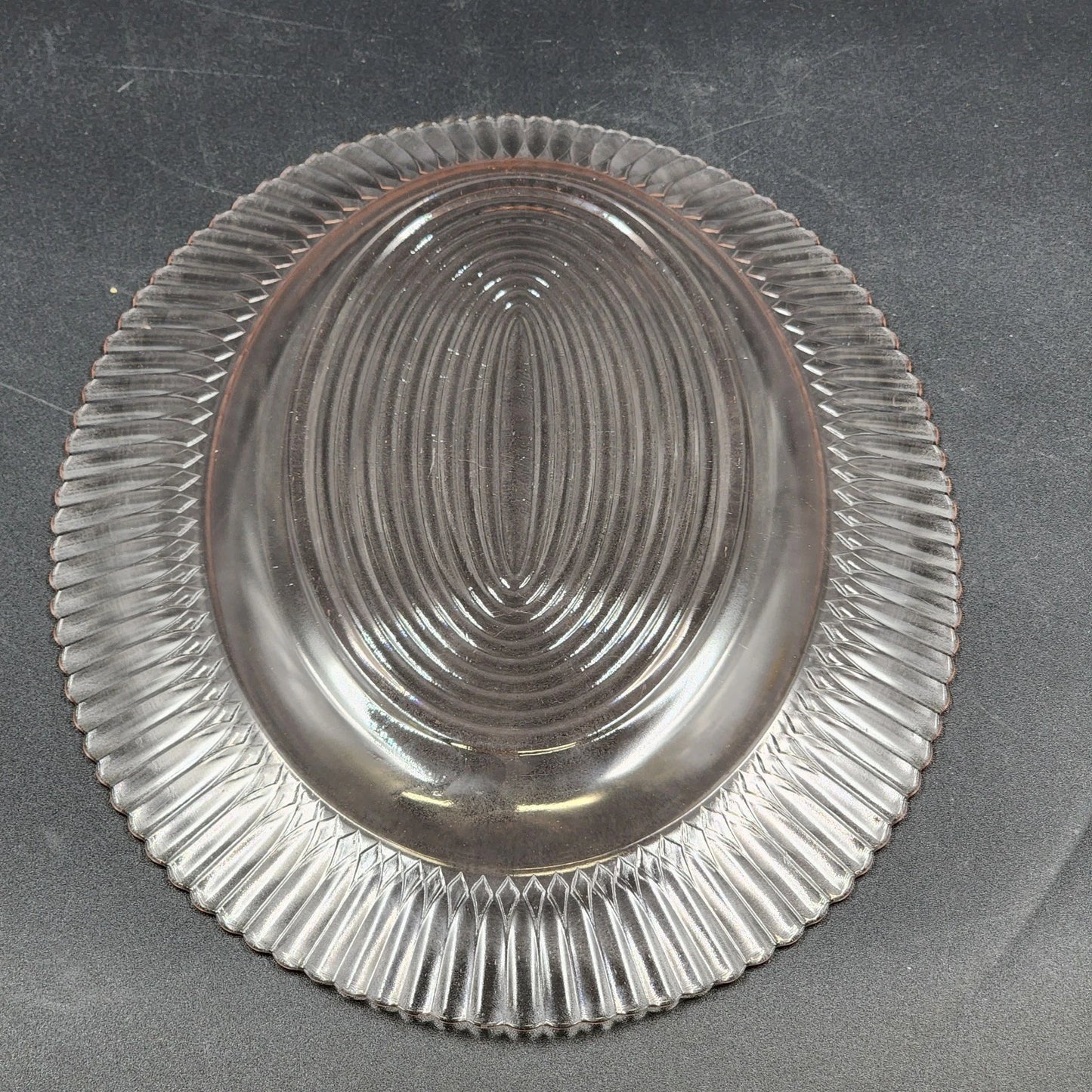 Pink Depression Glass Oval Platter Texture Ring Design Ruffle Edge MacBeth-Evans