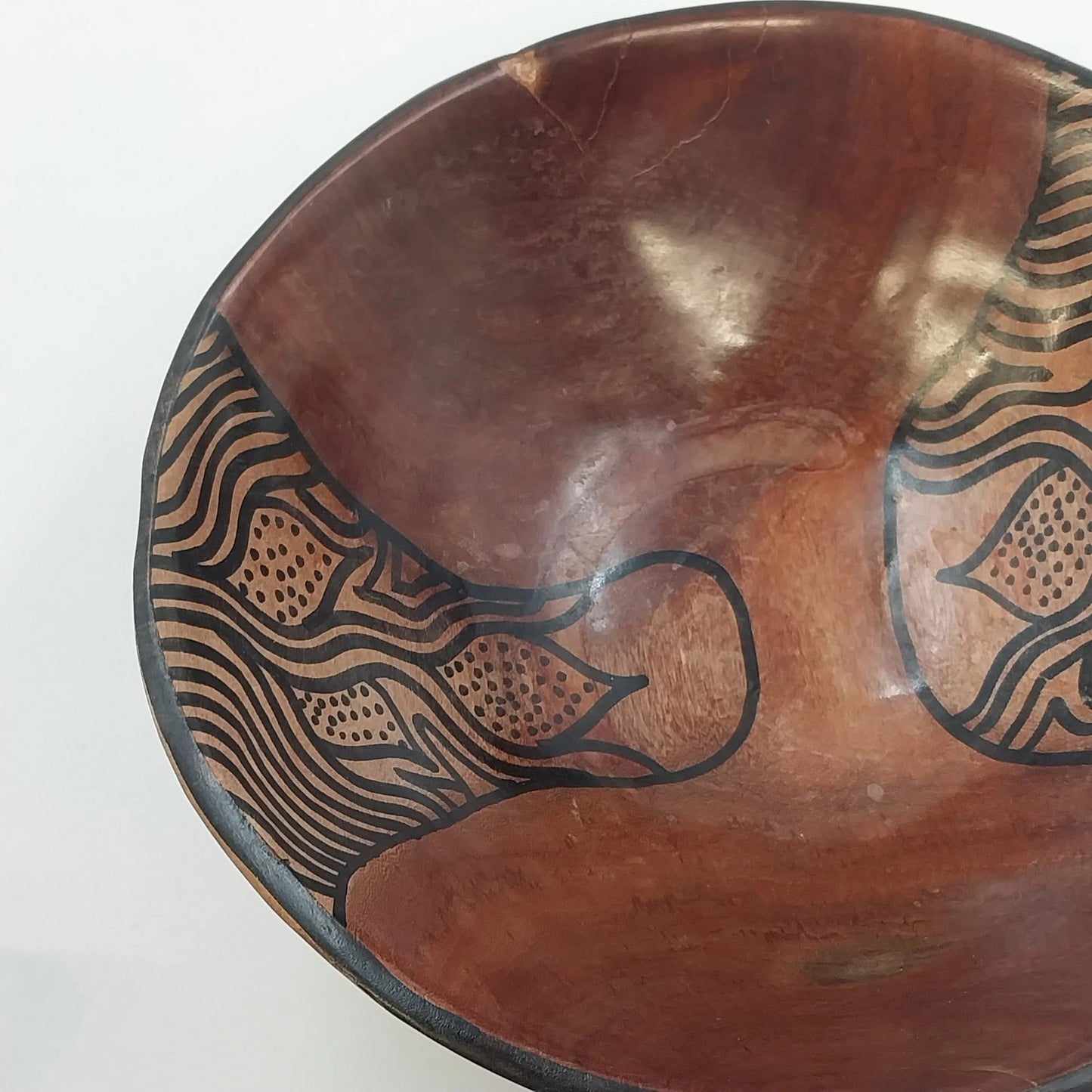 Zimbabwe Hand Carved Olive Wood Bowl 7" African Batik Animal Print Varnished Vtg