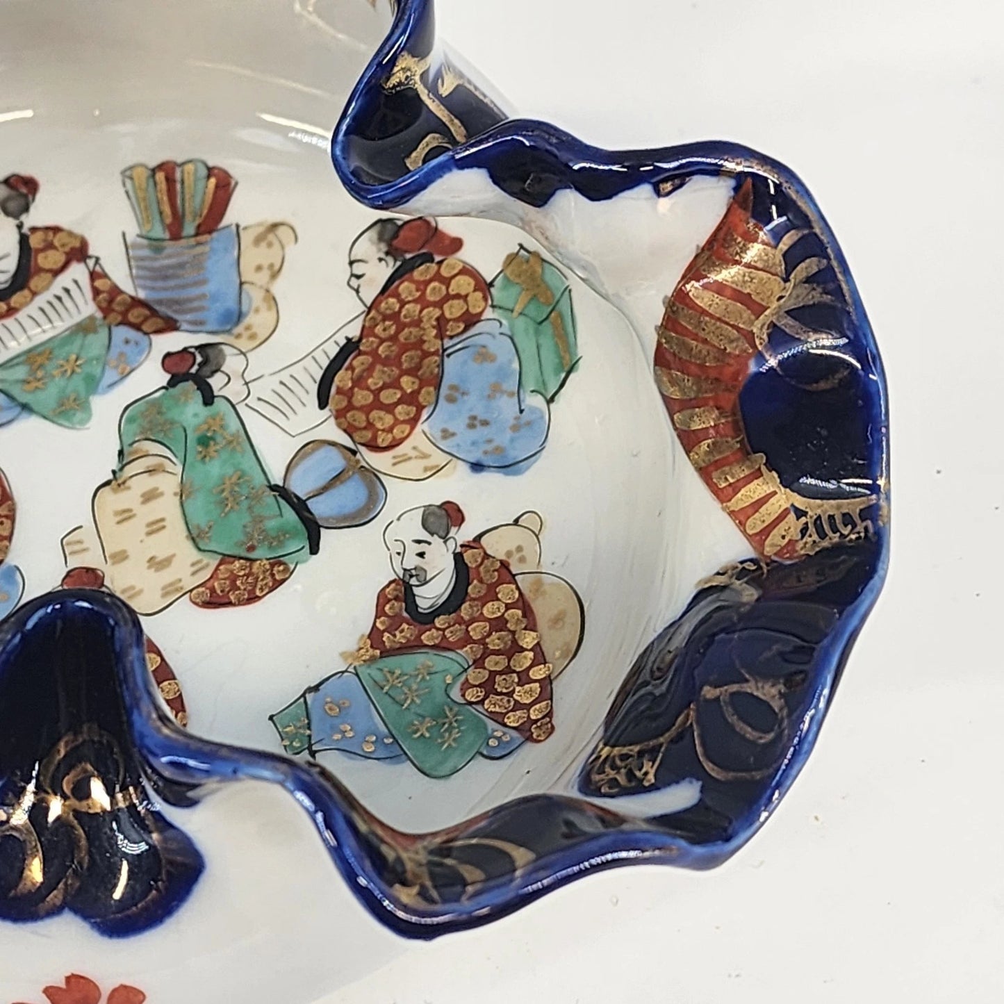 Japanese Imari Porcelain Ruffled Bowl 6" Cobalt Blue & Gold Gilt Floral Vintage