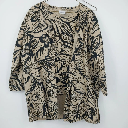 Hot Cotton Women's M Jacket Open Front & Blouse Beige Black 2 Piece Set Floral