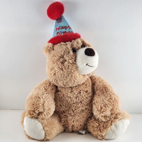 Aurora 12" Happy Birthday Bear Medium Brown Plush Stuffed Animal Party Hat