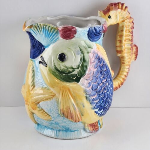 Fl Orgia Ceramic Pitcher Italy Hand Painted Seahorse Handle Fish Starfish Shells