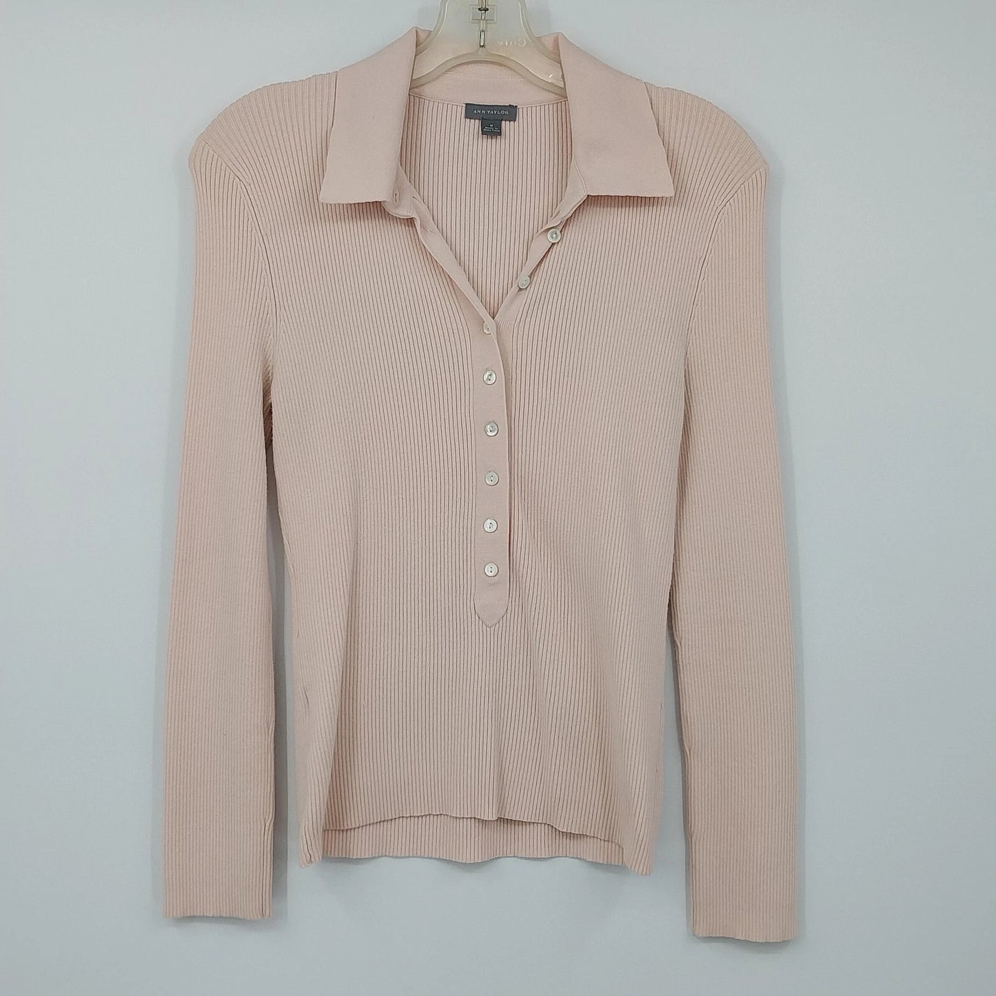 Ann Taylor Ribbed Knit Polo Sweater Collared Button Top Women's Medium Hong Kong