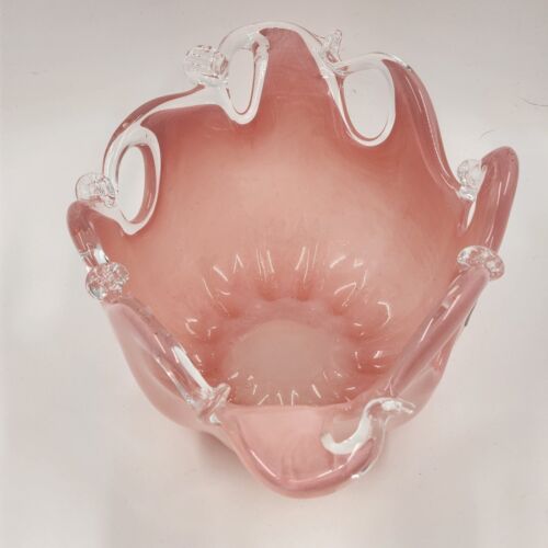 Murano Glass White Crystal Pink Bowl Handmade Italy Italian Blown Glass Oblong