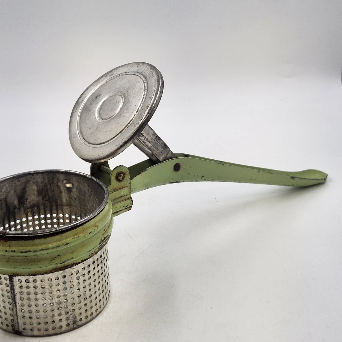 Green Metal Potato Ricer Masher Press 11.5 in Rustic Farmhouse Kitchen Vintage