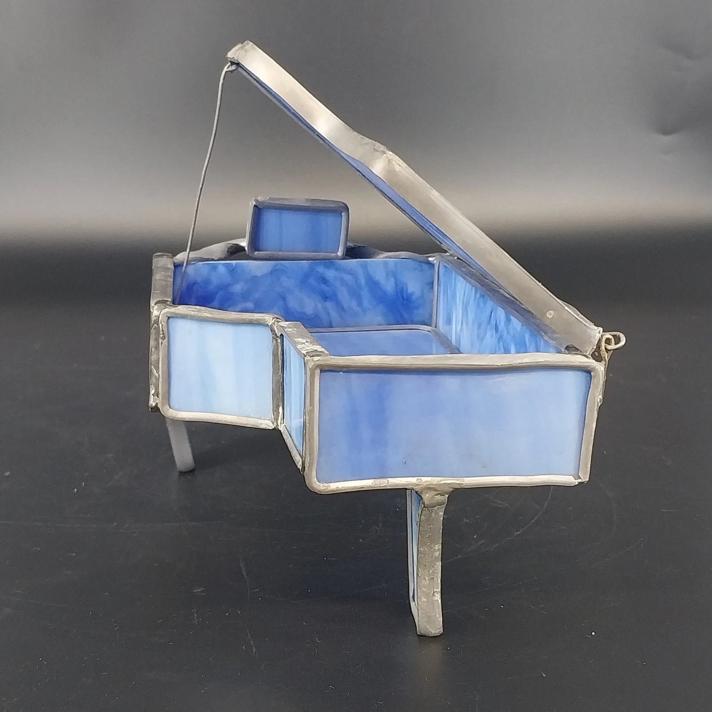 Blue Marbled Stained Glass Grand Piano Trinket Jewelry Box Metal Frame 7" Vtg