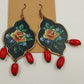 Gold Tone with Floral Tapestry Look on Black w Red Drop Beads Earrings Jewelry